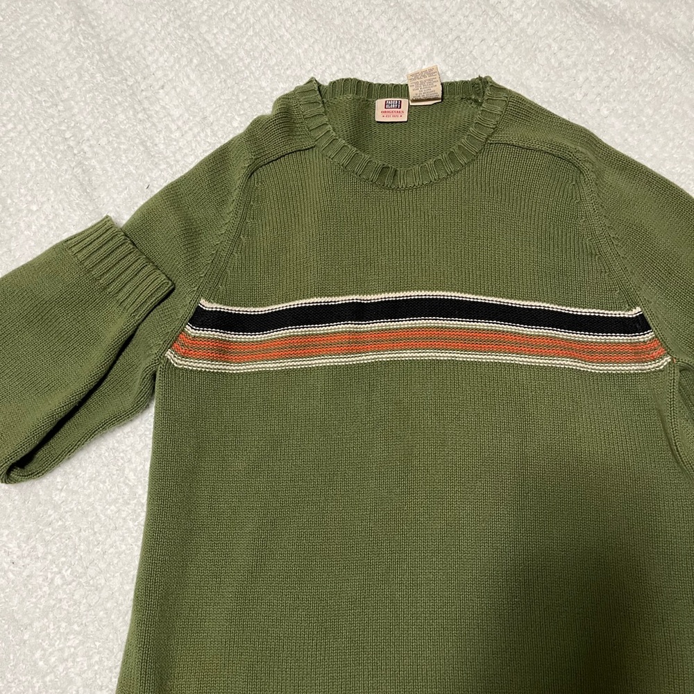 Faded Glory Olive Green Crewneck Sweater with Stripes